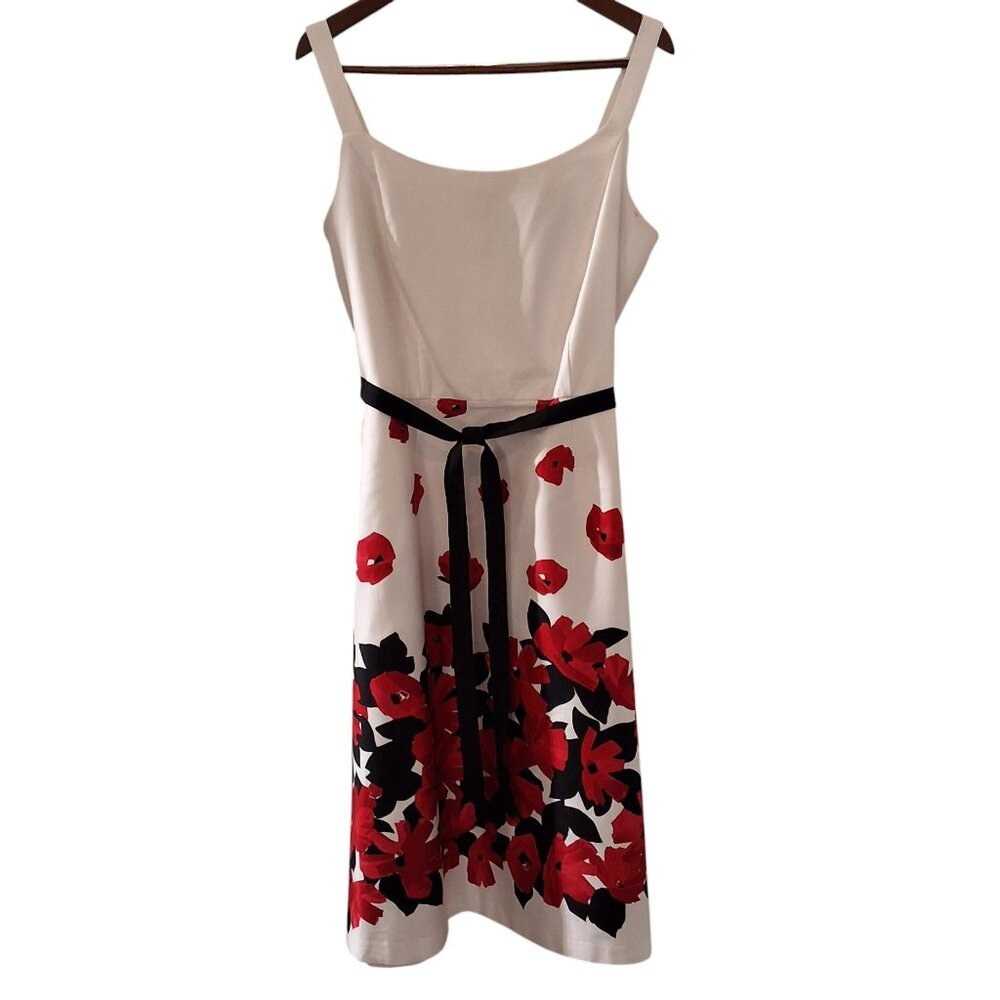 Studio I White Fit & Flare Sleeveless Dress With Red & Black Floral Print Ribbon